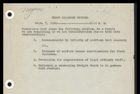 Minutes from the Heart Mountain Block Chairmen meeting, September 7, 1942 (ddr-csujad-55-271)