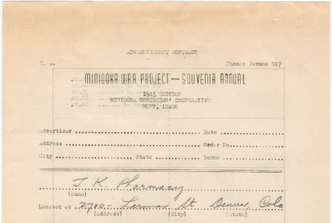 Advertising agreement between the Minidoka Consumer's Cooperative and T.K. Pharmacy (ddr-densho-319-434)