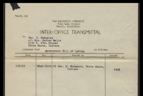 Inter-office transmittal government bill of lading, WRA-TL 195, George Hideo Nakamura (ddr-csujad-55-2399)