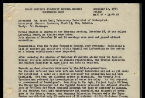 Minutes from the Heart Mountain Community Council meeting, December 17, 1943 (ddr-csujad-55-501)