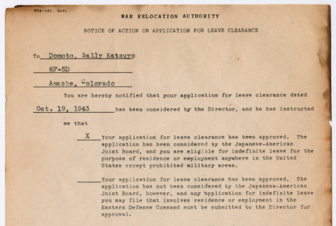 WRA Notice of Action on Application of Leave Clearance (ddr-densho-329-988)