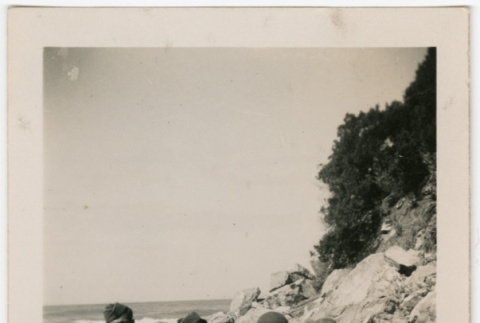 Five men in uniform on beach (ddr-densho-539-22)