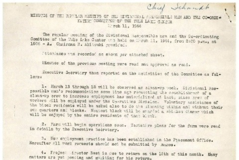 [Minutes of the regular meeting of the divisional responsible men and the Co-ordinating committee of the Tule Lake Center, March 11, 1944] (ddr-csujad-2-23)