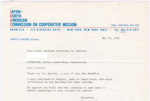Letter and envelope to East Coast Japanese Americans for Redress from Japan-North America Commission on Cooperative Mission (ddr-densho-352-219)