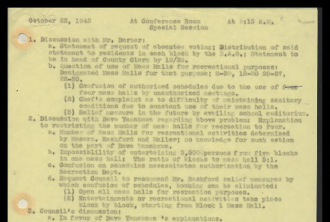 Minutes from the Heart Mountain Block Chairmen meeting special session, October 22, 1942 (ddr-csujad-55-298)