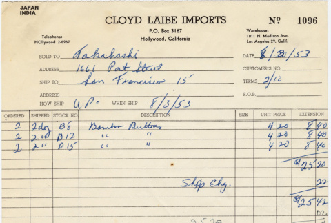 Receipt from Cloyde Laibe to Takahashi Trading Company (ddr-densho-424-319)