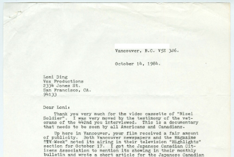 Letter from Gordon Kayahara to Loni Ding and attached Nisei Soldier review (ddr-densho-1007-1490)