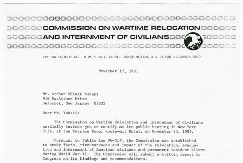 Letter requesting testimony of Arthur Yakabi to the Commission on Wartime Relocation and Internment of Civilians (ddr-densho-401-1)