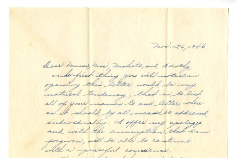 Letter from George Yamanaka to Mr. Masao Okine, November 26, 1946 (ddr-csujad-5-177)