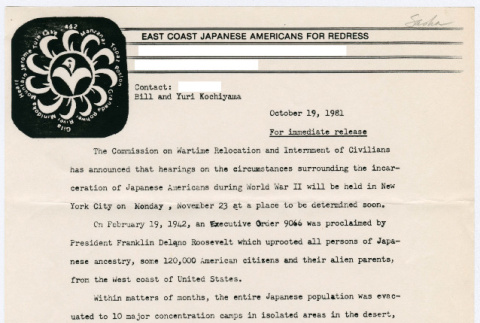 Press Release from East Coast Japanese Americans for Redress (ddr-densho-352-407)