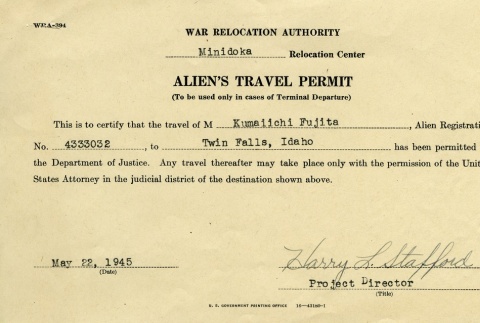 Alien's Travel Permit (ddr-densho-203-27)