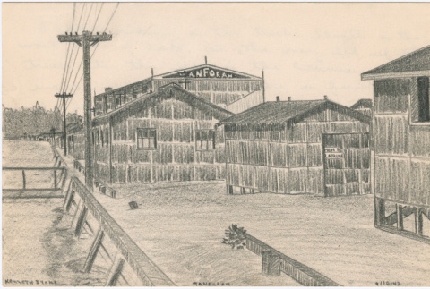 Drawing of the latrine and barracks at Tanforan Assembly Center (ddr-densho-392-8)