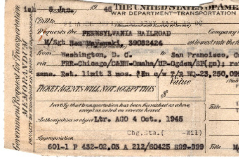 Round trip train ticket from San Francisco to Washington D.C.and back for Ben Mayewaki (ddr-densho-563-51)