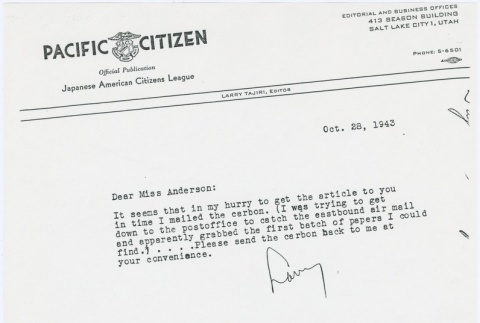 Letter from Larry Tajiri to Margaret Anderson, editor of Common Ground (ddr-densho-338-443)