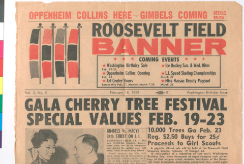 Page from Roosevelt Field Banner with article about Mary Mon Toy presenting show tickets to executive of Oppenheim Collins (ddr-densho-367-227)