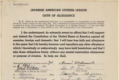 JACL Oath of Allegiance for Fumi Matsumoto (ddr-ajah-7-92)