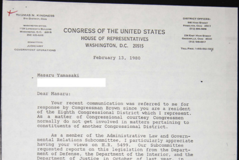 Letter to Masaru Yamasaki from Thomas Kindness (ddr-chijacl-1-397)