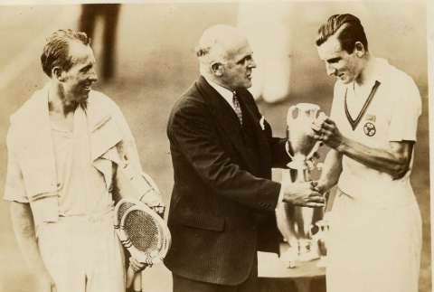 Fred Perry being awarded a tennis trophy (ddr-njpa-1-1282)