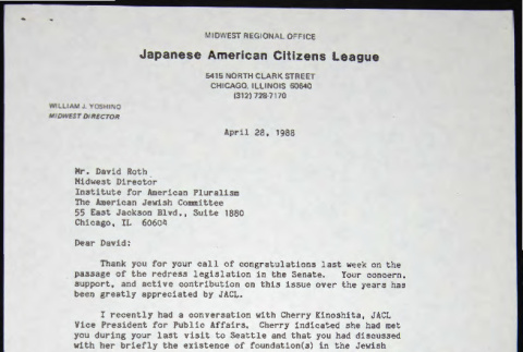 Letter to David Roth of the  Institute for American Pluralism at the American Jewish Committee from Bill Yoshino (ddr-chijacl-1-655)