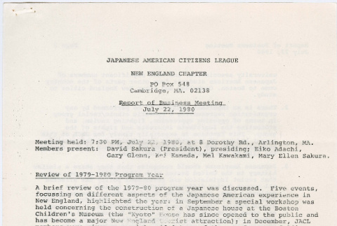 Report of Business Meeting of New England Chapter of the JACL 7/22/1980 (ddr-densho-523-751)