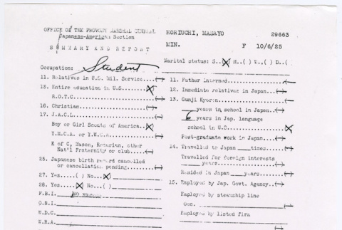 Office of the Provost Marshal General Japanese-American Section: Summary and Report for Masayo Horiuchi (ddr-densho-560-11)