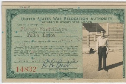 (Document) - Image of US WRA Citizen's Indefinite Leave card for Jimmy Yoshihara (PDF) (ddr-densho-332-14-mezzanine-62ede43f8b)
