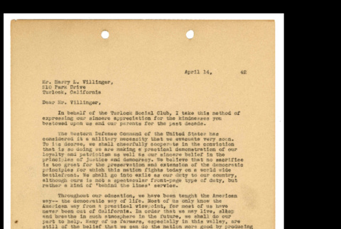 Letter from Tsuneo Iwata to Mr. Harry L. Villinger, April 14, 1942 (ddr-csujad-46-11)