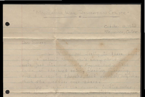 Letter from Leo Uchida to Mr. James Waegell, October 10, 1944 (ddr-csujad-55-2333)