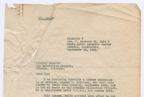Letter from Henry Ishikawa to WRA Relocation Project manager at Granada (ddr-densho-468-118)