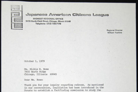 Letter to Mickie Rose from William Yoshino (ddr-chijacl-1-447)