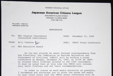 Memo to MDC Chapter Presidents, Interested Individuals from Bill Yoshino (ddr-chijacl-1-272)