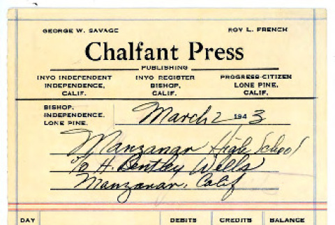 Receipt for order of graduation announcements and calling cards from Chalfant Press (ddr-csujad-48-77)