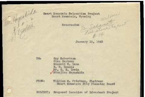 Memo from William M. Friedman, Chairman, Heart Mountain City Planning Board, to Guy Robertson, et al. January 15, 1943 (ddr-csujad-55-673)