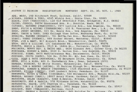 Poston II reunion registration Monterey Sept. 29, 30, Oct. 1, 1989 (ddr-csujad-55-1874)