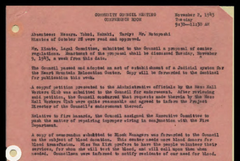 Minutes from the Heart Mountain Community Council meeting, November 2, 1943 (ddr-csujad-55-486)
