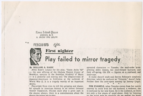 Copy of clipping from Long Island Press about play Santa Anita '42 (ddr-densho-367-330)