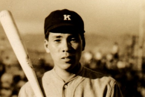 Mitsuroku Odate, a Keio University baseball player posing with a bat (ddr-njpa-4-1679)