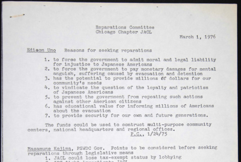 Reparation Committee Chicago Chapter JACL meeting notes (ddr-chijacl-1-19)