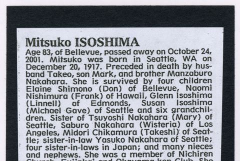 Mitzi Isoshima Obituary (ddr-densho-477-785)