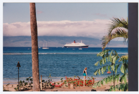 Queen Elizabeth cruise ship off coast of Maui (ddr-densho-368-285)