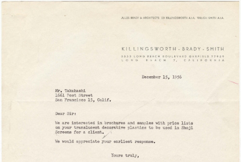 Letter from Jack Clinkscales, Killingsworth, Brady and Smith, to Takahashis (ddr-densho-424-111)