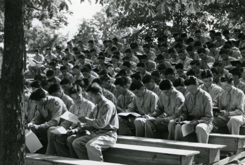 Soldiers studying during basic training (ddr-densho-22-471)