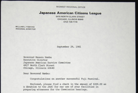 Letter to Masaru Nambu from William Yoshino (ddr-chijacl-1-544)