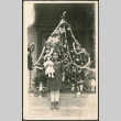 Girl with dolls standing in front of Christmas tree (ddr-densho-293-65)