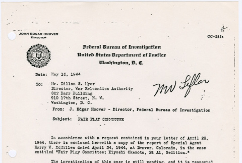 Letter to Dillon Meyer, WRA, from J. Edgar Hoover (ddr-densho-122-408)