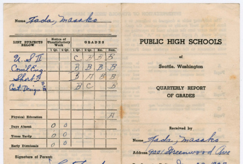 Quarterly grade report for Masako Tada (ddr-densho-540-7)