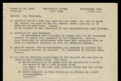 Minutes from the Heart Mountain Block Chairmen meeting, February 20, 1943 (ddr-csujad-55-427)