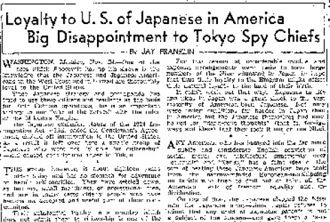 Loyalty to U.S. of Japanese in America Big Disappointment to Tokyo Spy Chiefs (November 24, 1941) (ddr-densho-56-515)