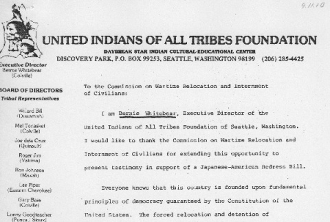 Testimony of Bernie Whitebear, United Indians of All Tribes Foundation (ddr-densho-67-229)