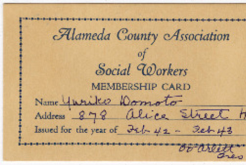 Alameda County Association of Social Workers Membership card for Yuriko Domoto (ddr-densho-356-725)